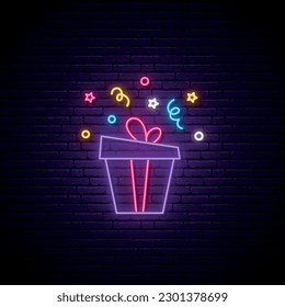 Neon gift box sign. Glowing present box illustration in neon style. Promotion or sale concept. Vector banner.