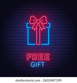 Neon gift box sign on brick wall background. Free gift glow symbol.