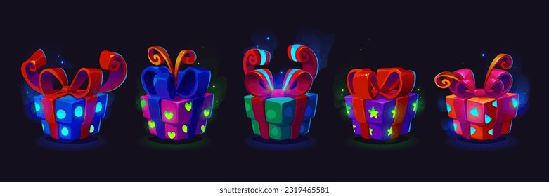 Neon gift box for ui game icon cartoon vector. Bonus or reward present with ribbon for mobile casino app design. Colorful birthday pack with bow for mystery giveaway lottery graphic illustration set.