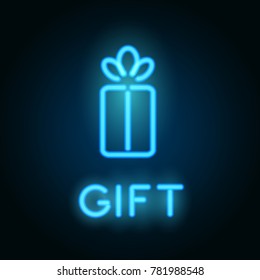 Neon gift box. Vector realistic neon sign