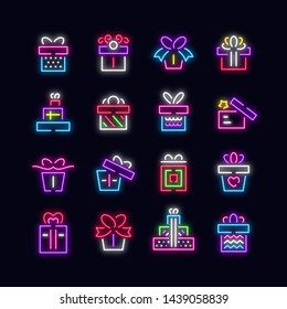 Neon gift boxes line vector icons