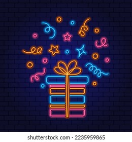 Neon Gift bright box with a bow and confetti with stars, ribbons and circles. Neon glowing holiday illustration. The concept of surprise, holiday, gift under the Christmas tree