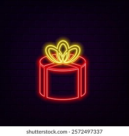 Neon gift with glowing ribbon sign in circle shapes on a dark brick wall background