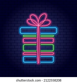 Neon gift sign with ribbon and bow. Surprise concept. Gift for your beloved