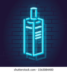 Neon gin bottle. Classic english blue bottle drink for poster or social image. Night illuminated wall street sign. Isolated geometric style illustration on brick wall background.