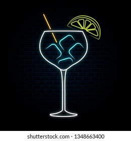 Neon Gin Tonic Glass With Lemon And Ice. Vector Isolated Illustration. Icon For Night Bar Background. Led Luminous Sign For Cocktail Restaurant Signboard.