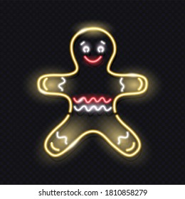 Neon gingerbread man icon isolated on dark background. Cyristmas, New Year, cooking, sweets concept. Vector 10 EPS illustration.