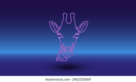 Neon giraffe head symbol on a gradient blue background. The isolated symbol is located in the bottom center. Gradient blue with light blue skyline