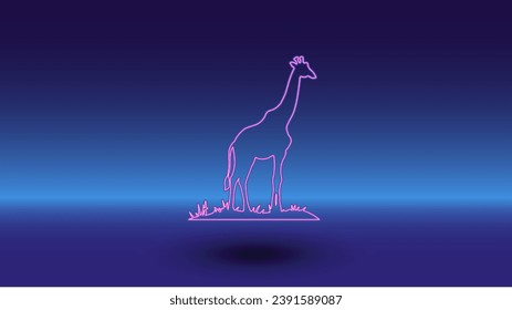 Neon giraffe symbol on a gradient blue background. The isolated symbol is located in the bottom center. Gradient blue with light blue skyline