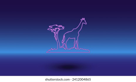 Neon giraffe symbol on a gradient blue background. The isolated symbol is located in the bottom center. Gradient blue with light blue skyline