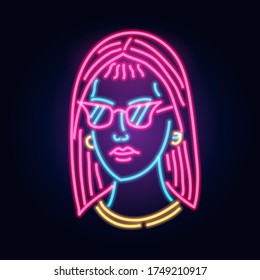 Neon Girl in glasses. Fashion sign. Night light signboard, Glowing banner. Summer emblem. Club Bar logo on dark background. Party woman.