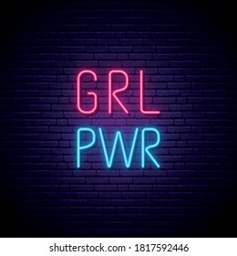 Neon girl power text on dark brick wall background. Girl power - bright neon signboard. Feminist quote. Vector illustration.