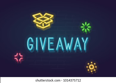 Neon giveaway sign. Glowing word with present box and shining stars around for text. Line art style neon illustration on brick wall background.