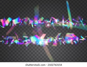 Neon Glare. Cayendo Confetti. Volante Retro. Tinsel violeta brillante. Crystal Foil. Parkles arcoiris. Blur Serpentina Prismática. Brillante Art. Blue Neon Glare