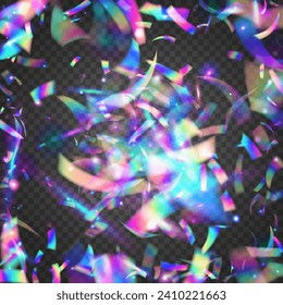 Neon Glare. Party Realistic Gradient. Flying Foil. Holiday Art. Cristal Texture. Falling Sparkles. Blue Retro Background. Laser Banner. Violet Neon Glare