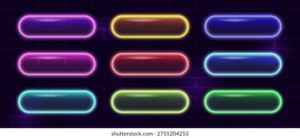 Neon glass buttons frames set on brick dark background, glass illuminated 3d buttons with glare, neon realistic glowing frames for web design.