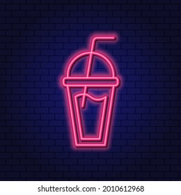 Neon Glass of Cool Summer Drink with Straw. Concept of Cold Drink, Takeout, Street Food. Cafe neon sign. Glowing Neon Linear Design Element against a dark background.