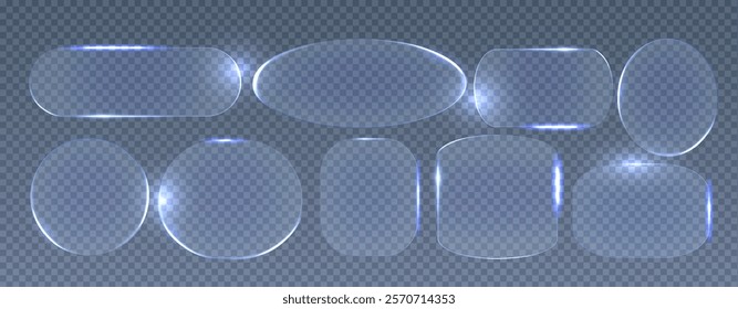 Neon glass frame collection with luminescent geometric elements - blue translucent shapes with radiant borders on dark backdrop. Various rectangle, circle and rounded designs with glowing edges.