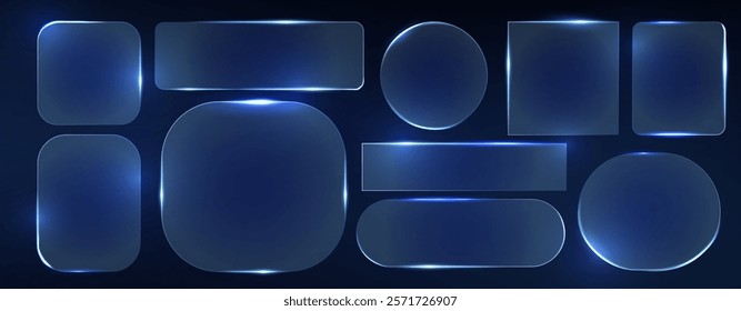 Neon glass frame collection with luminescent geometric elements - blue translucent shapes with radiant borders on dark backdrop. Various rectangle, circle and rounded designs with glowing edges.