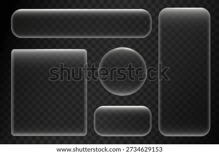 Neon glass frame set with glowing crystal edges on dark background. Transparent squares circles rectangles and hexagons for futuristic banners game UI