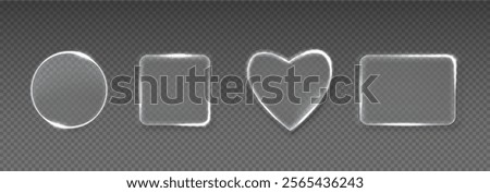 Neon glass frame set with luminous geometric shapes - transparent borders featuring glowing circle, squares and heart outline. Translucent text boxes or title banners light decorative effects.