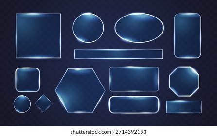 Marcos de vidrio de neón. Lente azul realista de los vidrios, marco claro Marco futurista del destello del Botón del hexágono del círculo cuadrado del efecto del resplandor digital de la caja de juego de la pantalla, Ilustración vectorial exacta