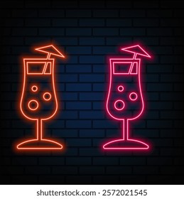 Neon glass of gin and tonic with lemon and ice. Vector isolated illustration. Icon for the night bar background. Led Annunciator for Cocktail Restaurant Signboard..