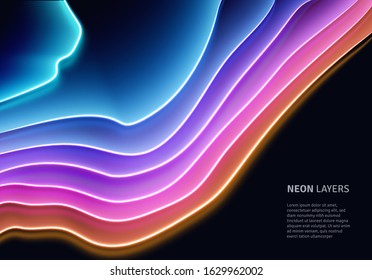 Neon glass layers stacked with reflections for 80s or 90s styled abstract background in synthwave or cyberpunk shiny neon style