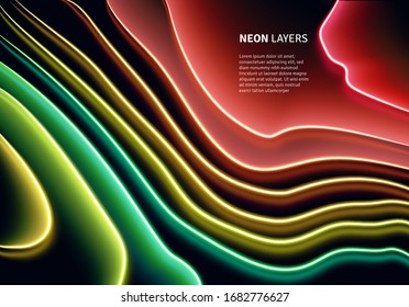 Neon glass layers stacked with reflections for 80s or 90s styled abstract background in synthwave or cyberpunk shiny neon style