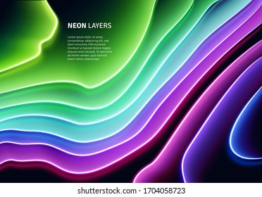 Neonglasschichten, die mit Reflexionen für 80er oder 90er Jahre gestylt wurden, abstrakter Hintergrund in Synthwave- oder Cyberpunk-glänzendem Neon-Stil