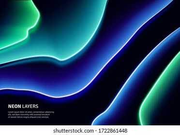 Neon glass layers stacked with reflections for 80s or 90s styled abstract background in synthwave or cyberpunk shiny neon style