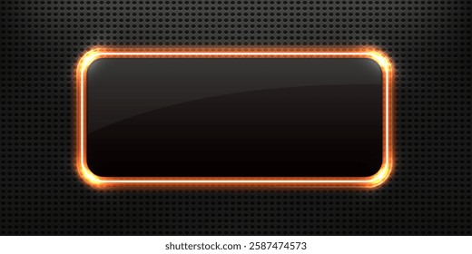 Neon glass rectangular banner frame with glow and sparkle effect. Red neon frame.
