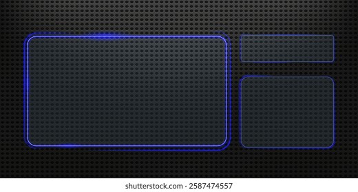 Neon glass rectangular frame with glow effect. Glass banner realistic with neon frame. Glass or mirror with blue lighting