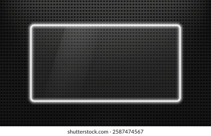 Neon glass rectangular frame with glow effect. Glass banner realistic with neon frame. Glass or mirror with lighting