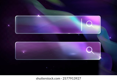 Neon Glass Search Bars. Glassmorphism screen smartphone. Transparent matt glass plates on the northern lights background in the night starry sky. Aurora Borealis