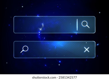Neon Glass Search Bars. Glassmorphism screen smartphone. Transparent matt glass plates on the Cosmic Blue Nebula. Abstract  blue futuristic background with black hole and stars
