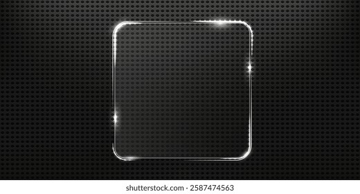 Neon glass square frame with glow and sparkle effect. Glass banner realistic with neon frame. Glass or mirror with lighting