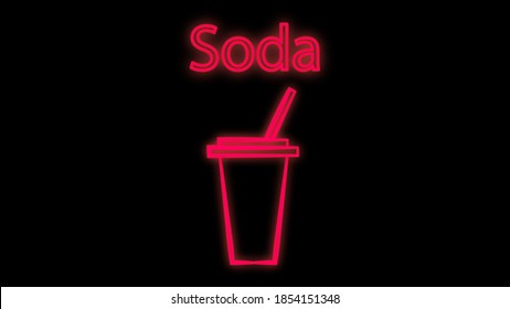 Neon glass of water or soft drink. Tall glass for long cocktails. Square line art illustration, icon for menu, bar poster. Vector fluorescent image.