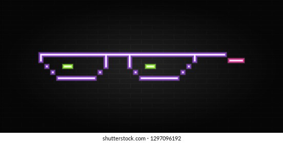 Neon glasses pixel on building wall background. Glasses pixel neon. Eps10