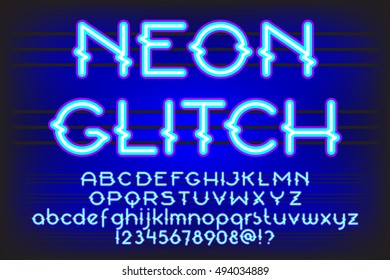 Neon Glitch. Tipo de letra del vector de alfabetos. Letras de tubo de neón sobre fondo oscuro. Conjunto de mayúsculas, minúsculas y dígitos