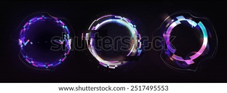Neon glitch effect circle. Digital ring frame with cyber light. Futuristic broken pixel and noise graphic border. Minimal dynamic holographic distortion avatar illustration. Color bug illusion