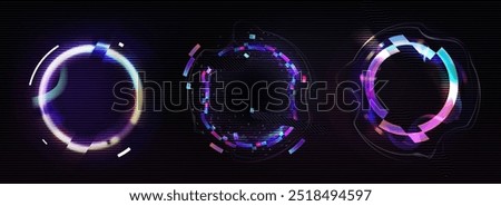 Neon glitch effect circle. Digital ring frame with cyber light. Futuristic broken pixel and noise graphic border. Minimal dynamic holographic distortion avatar illustration. Color bug illusion