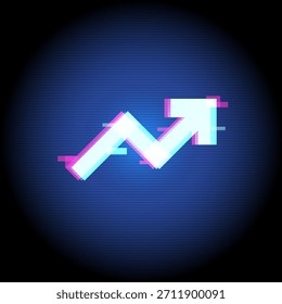 Gráfico de flecha ascendente con fallas de neón que representa el crecimiento del negocio, el análisis de datos, las métricas de rendimiento, las finanzas digitales y la mejora corporativa.