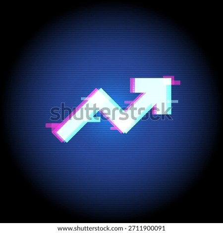 Neon glitch upward arrow chart representing business growth, data analytics, performance metrics, digital finance, and corporate improvement.