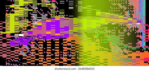 Neon glitch-art vector in abstract style. Dominated by pink, yellow, green, and cream, with horizontal pixel lines, gradients, and color blocks forming a chaotic, digital, and futuristic pattern.