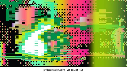 Neon glitch-art vector in abstract style. Dominated by pink, yellow, green, and cream, with horizontal pixel lines, gradients, and color blocks forming a chaotic, digital, and futuristic pattern.