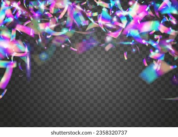 Neon Glitter. Disco Element. Holiday Art. Laser Colorful Serpentine. Rainbow Glare. Violet Retro Effect. Iridescent Texture. Flying Foil. Purple Neon Glitter