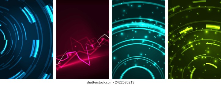 Neon glittering glowing light geometric shapes posters. Vector illustration For Wallpaper, Banner, Background, Card, Book Illustration, landing page