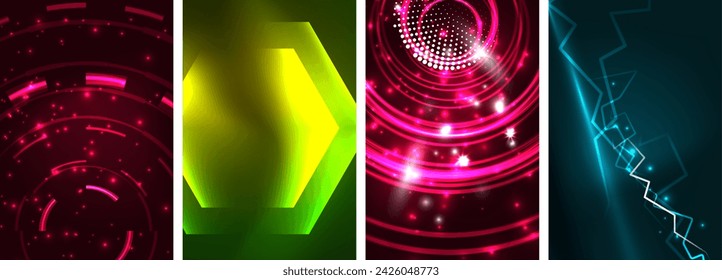 Neon glittering glowing light geometric shapes posters. Vector illustration For Wallpaper, Banner, Background, Card, Book Illustration, landing page