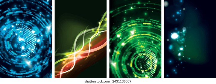 Neon glittering glowing light geometric shapes posters. Vector illustration For Wallpaper, Banner, Background, Card, Book Illustration, landing page
